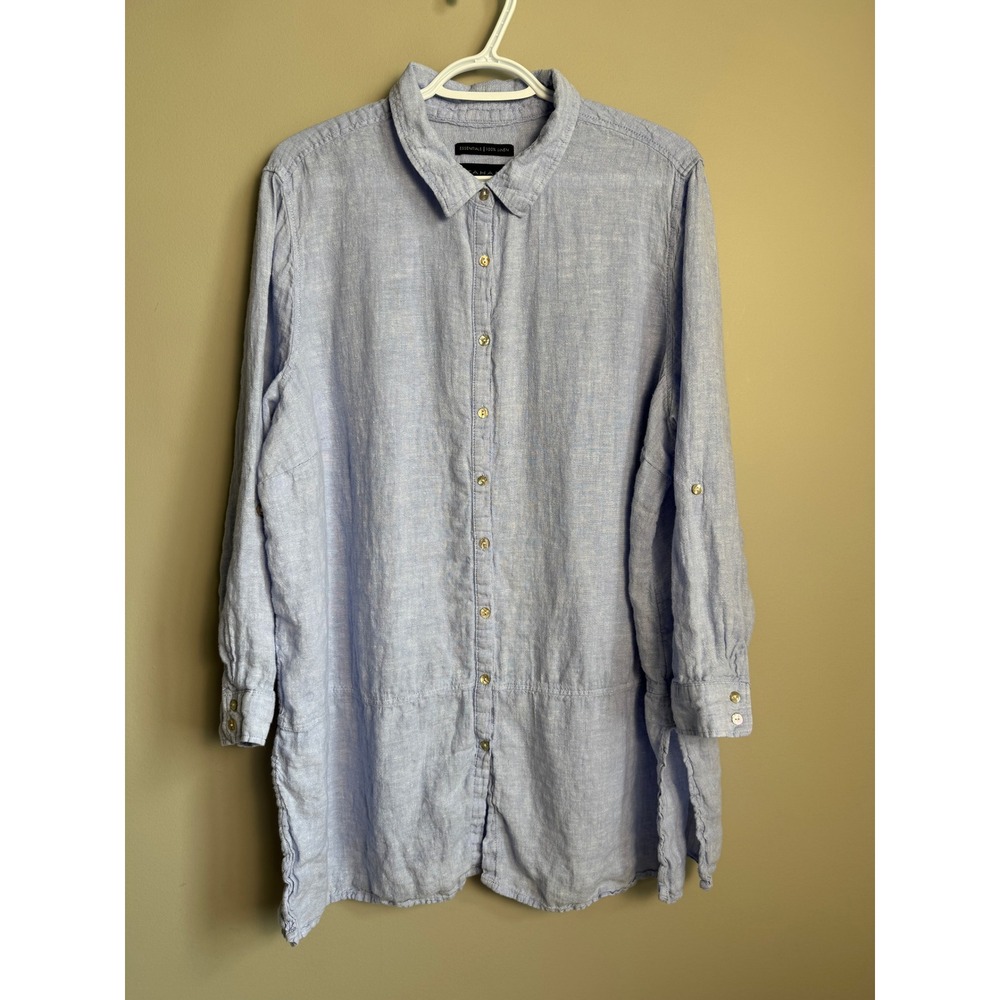 Tahari 100% Linen Button Down Tunic Shirt Blue Plus‎ Size 2X Coastal Boho Chic